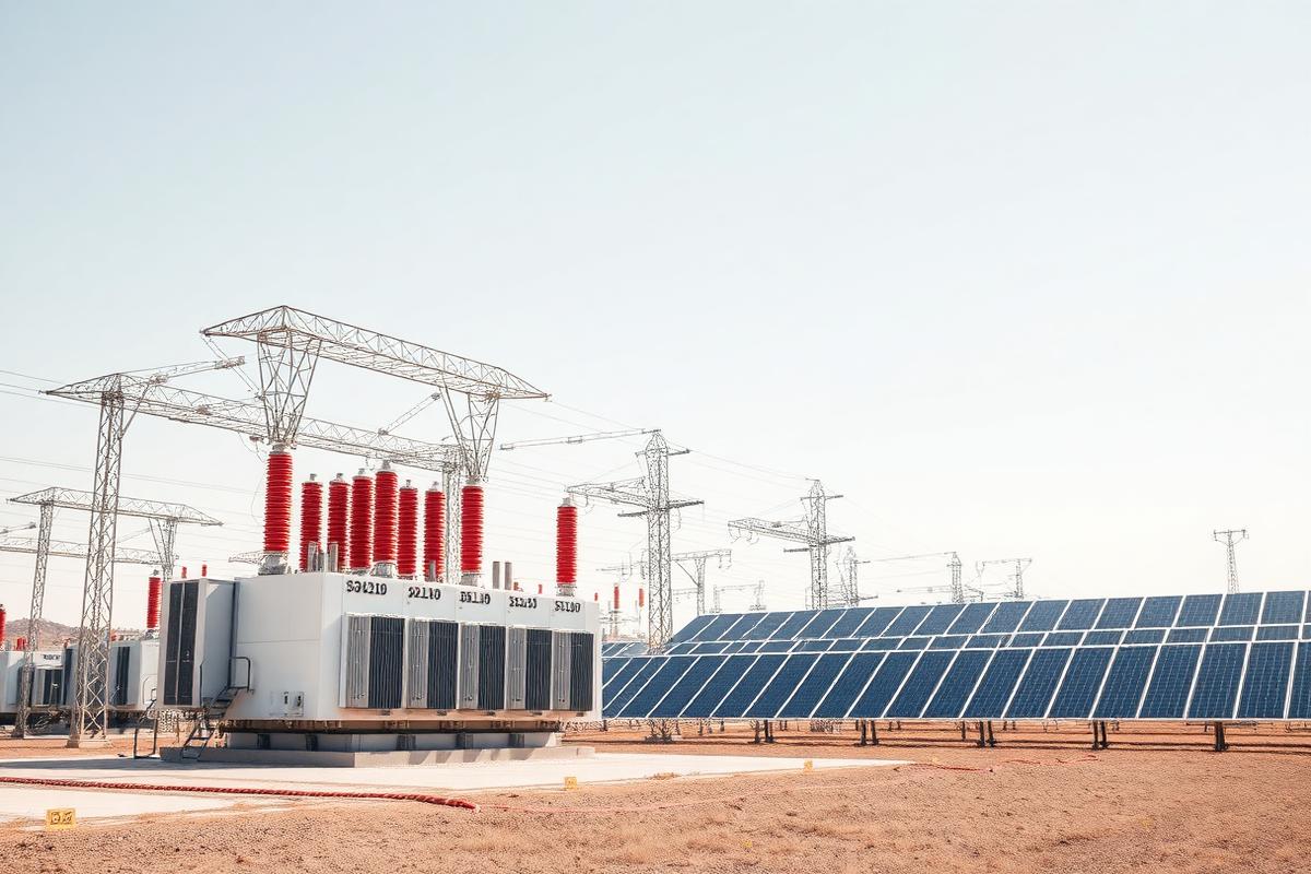 High voltage substation beside a solar array