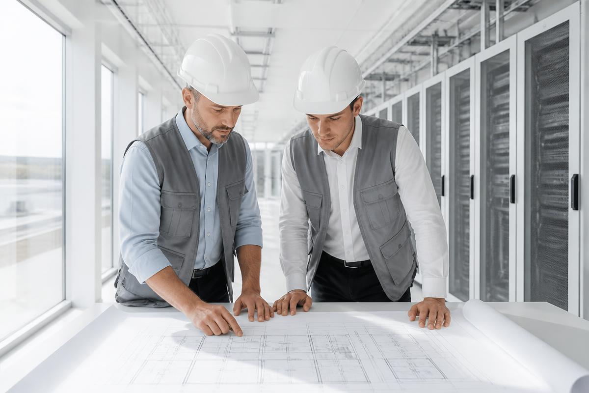 Aerial view of engineers reviewing data center site plans
