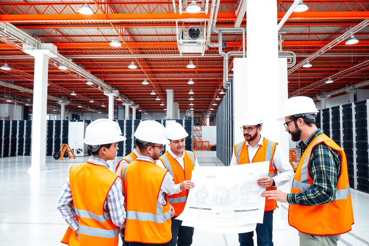 Engineers reviewing construction drawings on site