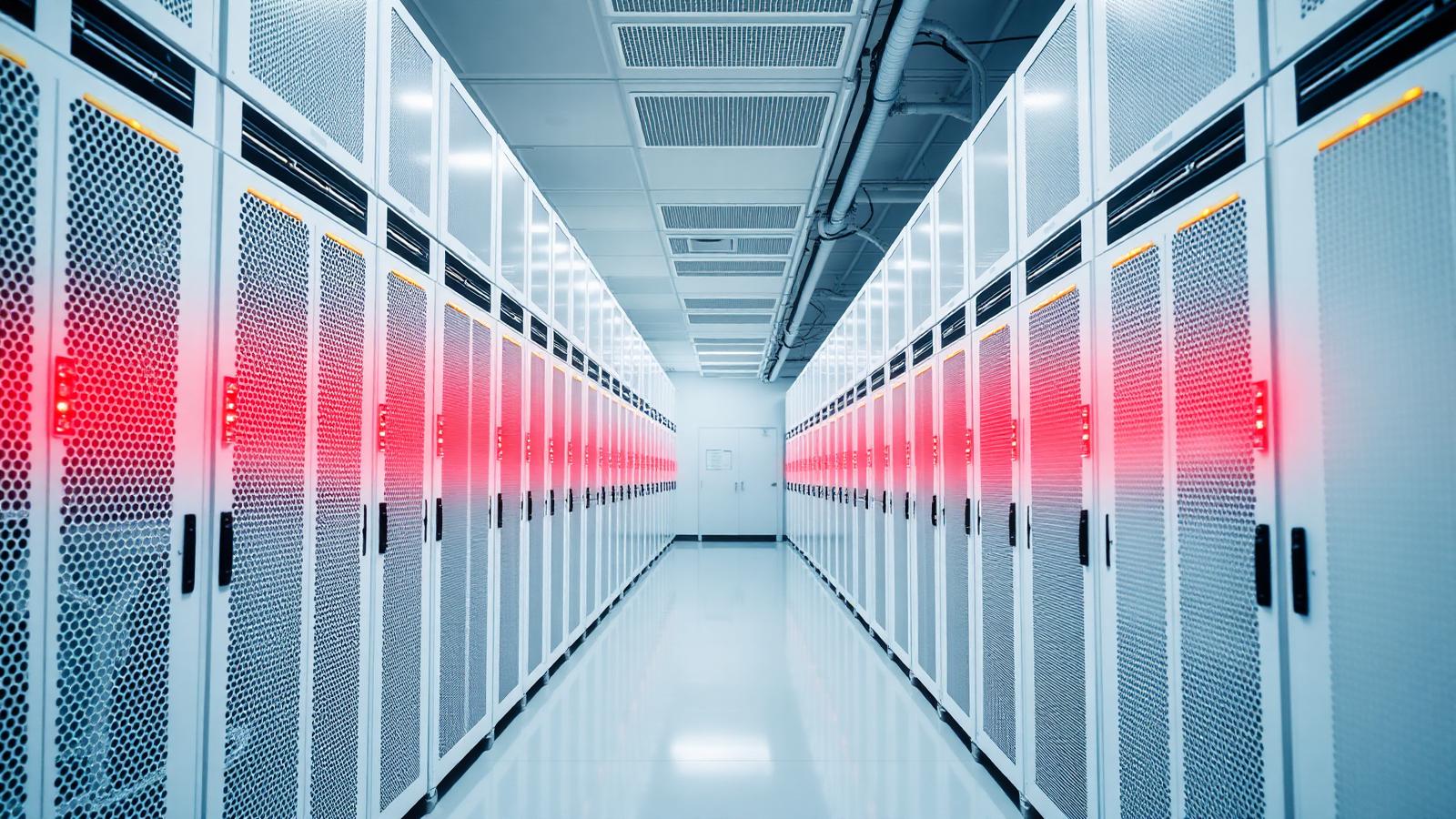 Clean white server aisle inside a data center