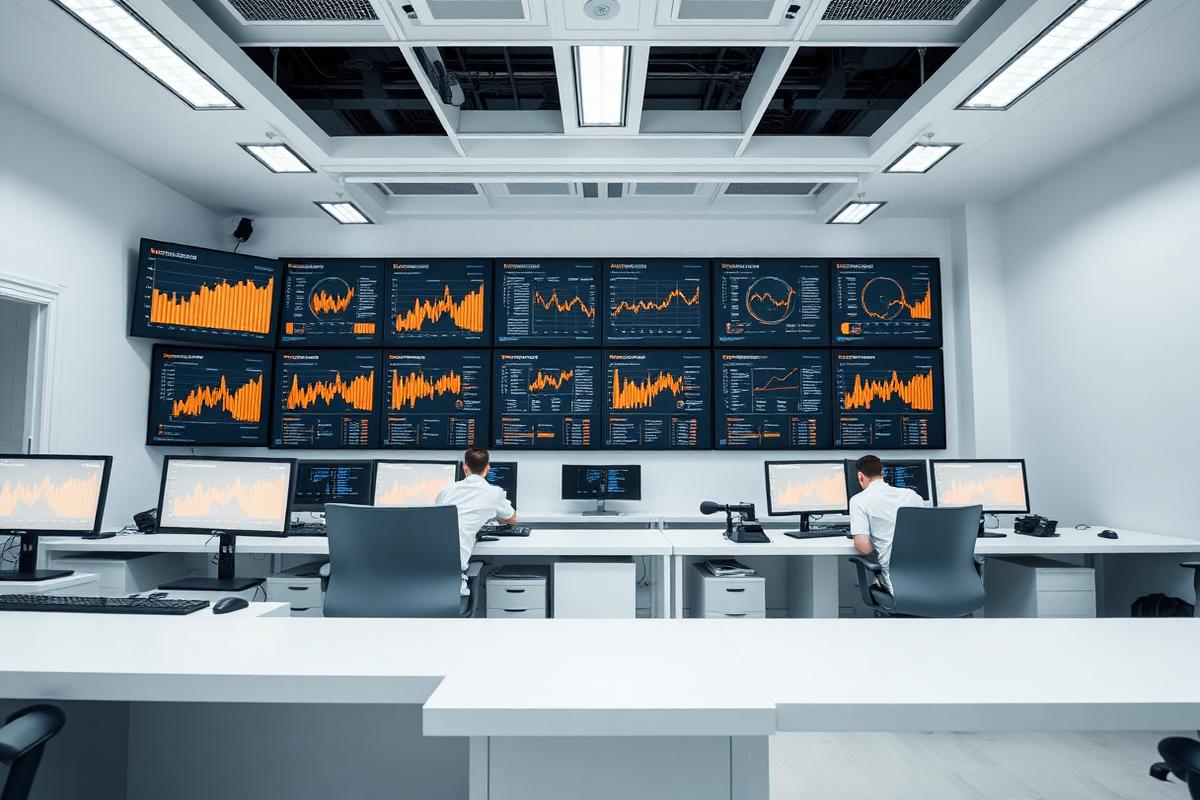 Network operations centre with monitoring dashboards