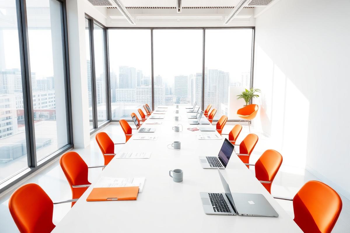 Modern deal room with laptops and documents