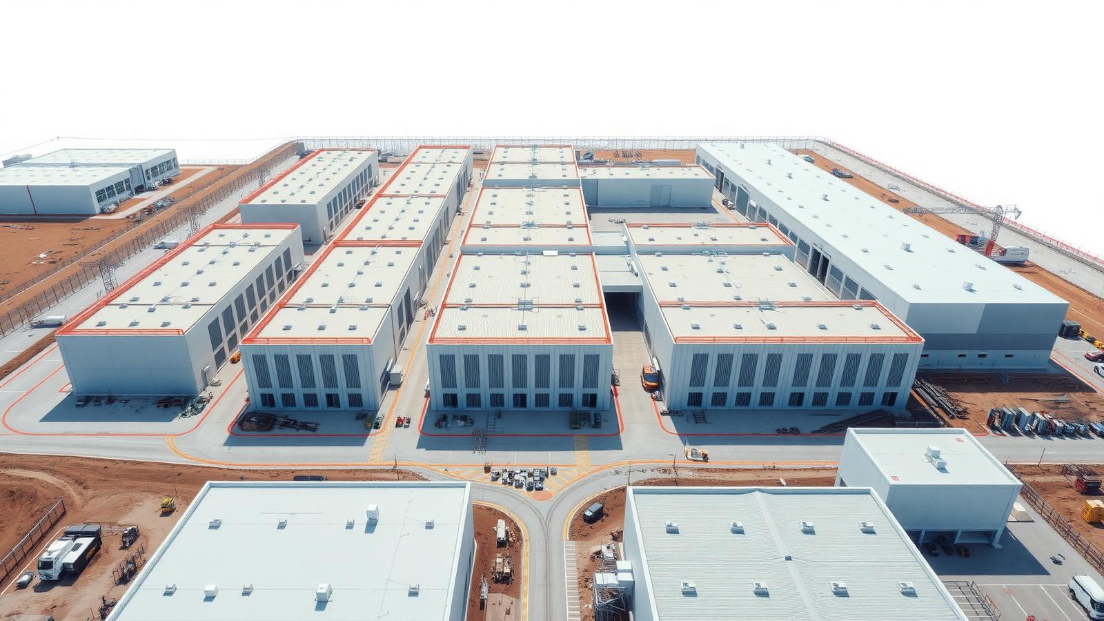 Aerial view of a data center campus under construction