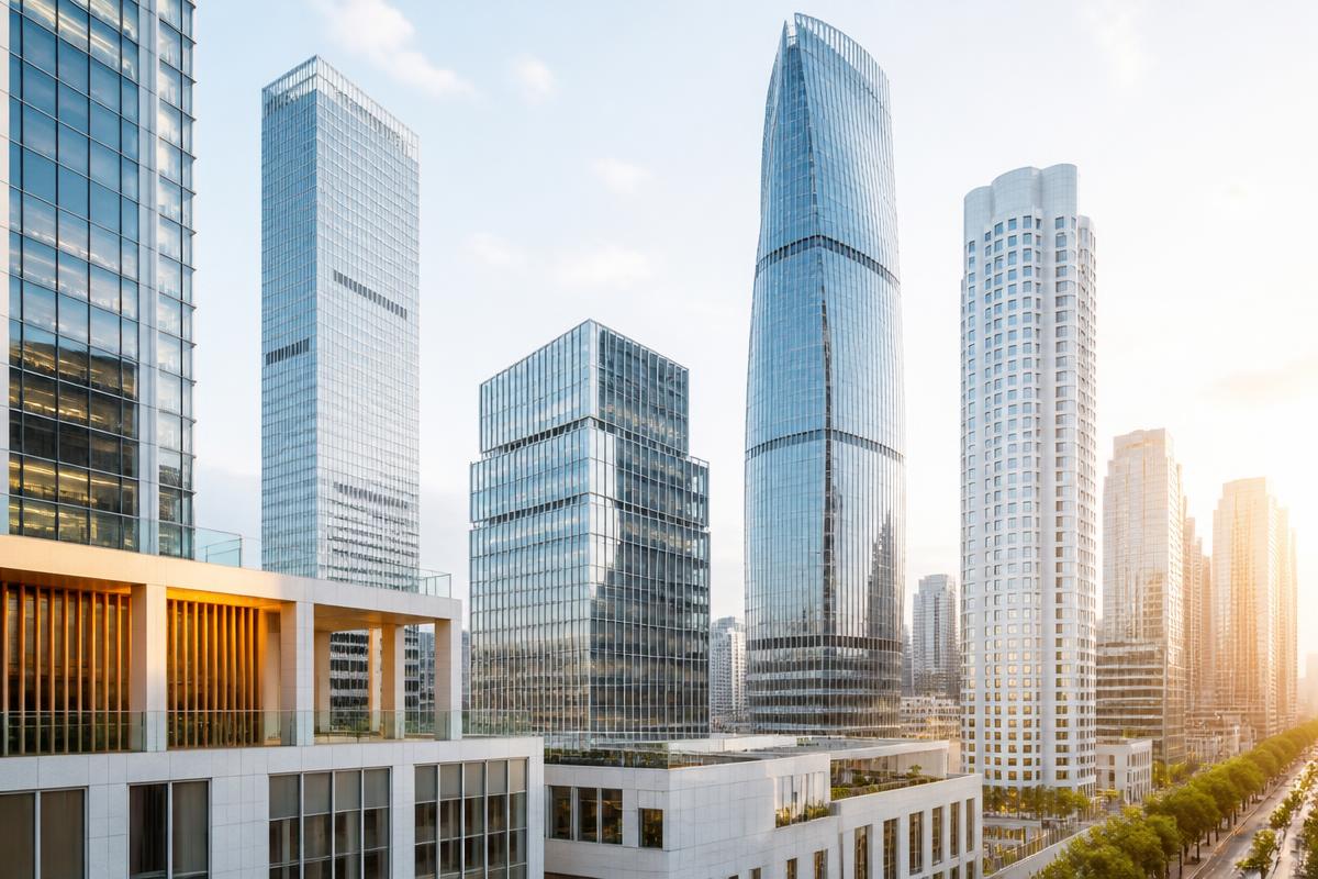 Financial district skyline with network overlay