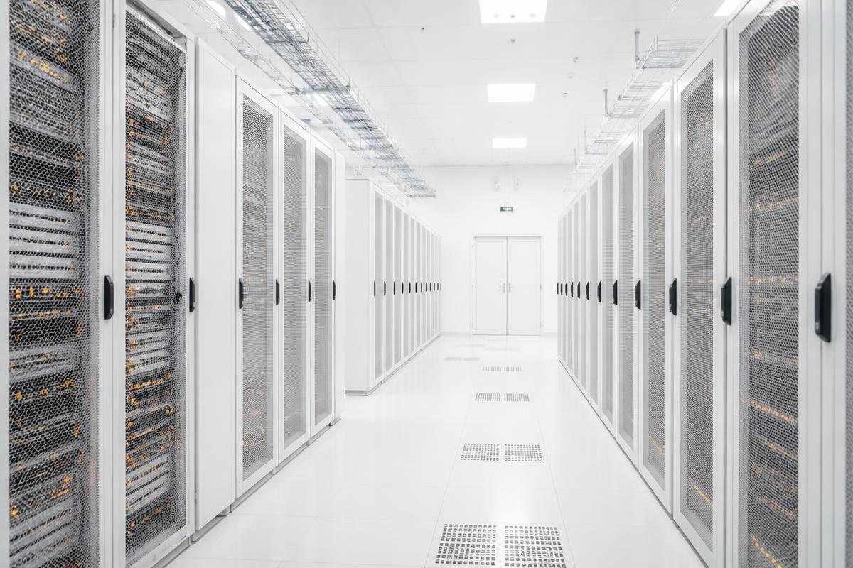 Rows of server racks inside a data center
